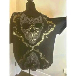 Vintage Authentic Sean‎ John Mens Dual Skulls 2XL Gold Black Studded T-Shirt